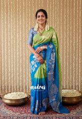 Lime Green & Royal Blue - Premium Jute Silk with Gradient Tone And Floral Jamdani Weaving - Perfect for Night Functions | Tea party