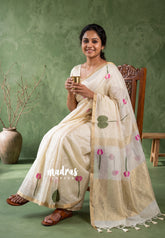 Creamy Ivory - Soft Muslin Silk Saree with Floral Weave & Small Border | Elegant Office Wear Saree
