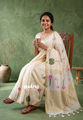 Creamy Ivory - Soft Muslin Silk Saree with Floral Weave & Small Border | Elegant Office Wear Saree