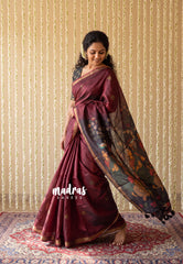 Crimson Maroon - Ananya - Soft Mangalore Silk Saree with Kalamkari Pallu - Best for Casual Gatherings