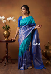 Teal with Blue - Manjari - Raw Silk in Raising Kanjivaram Weaving Style - Best for Small Functions | Pooja | Reception