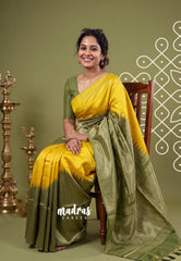 Yellow with Olive Green - Manjari - Raw Silk in Raising Kanjivaram Weaving Style - Best for Small Functions | Pooja | Reception