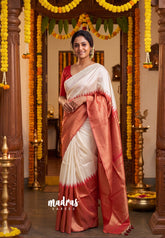 Ivory Cream with Red - Manjari - Raw Silk in Raising Kanjivaram Weaving Style - Best for Small Functions | Pooja | Reception