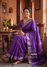 Royal Purple - Avantika - Semi Mysore Silk Saree with Checks Weaving and Zari Border - Perfect for Small Functions