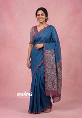 (PRE-BOOKING) Ateneo Blue with Scallop - Pragathi - Linen Cotton Saree with Scallop Border Floral Print Pallu and Blouse - Perfect for Office Wear | Summer wear | Casual Wear