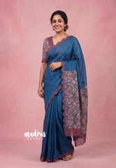 Ateneo Blue with Scallop - Pragathi - Linen Cotton Saree with Scallop Border Floral Print Pallu and Blouse - Perfect for Office Wear | Summer wear | Casual Wear