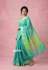 Cyan with green - kannamma Handwoven Ballbutta linen