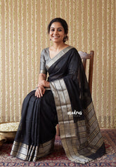 Jet Black - Maheswari - Premium Lightweight Cotton Silk with Rudraksham Border - Perfect for Festive Wear
