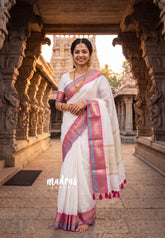 Ivory White - Maheswari - Premium Lightweight Cotton Silk with Traditional Border - Perfect for Festive Wear