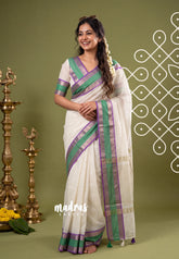 Ivory White - Maheswari - Premium Lightweight Cotton Silk with Rettapet Border - Perfect for Festive Wear