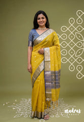 Yellowish Green - Maheswari - Lightweight Cotton Silk Saree with Floral Border - Perfect for Small Functions