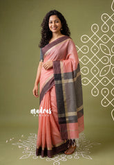 Lotus Peach - Maheswari - Lightweight Cotton Silk Saree Horizonatl Stripes with Skirt Border - Perfect for Small Functions