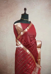 Maheswari - lightweigt cotton silk with antique silver border - Maroon