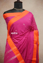 Rani pink - Maheswari - lightweigt permium cotton silk with jamdani silver weaving