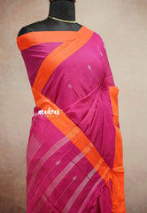 Rani pink - Maheswari - lightweigt permium cotton silk with jamdani silver weaving