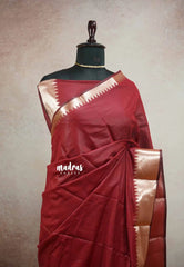 Maheswari - lightweigt cotton silk with antique silver border - Maroon