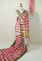 White with Red - Maheswari - Lightweight cotton Silk Saree Big Checks Body with Zari Border - Best for Small Funcitons