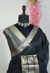 Jet Black - Maheswari - Premium Lightweight Cotton Silk with Rudraksham Border - Perfect for Festive Wear