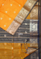 Orangish Yellow - Maheswari - Lightweight Cotton Silk Saree with Flower Border - Perfect for Small Functions