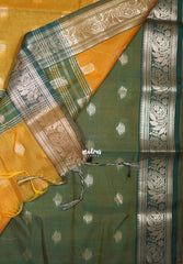 Orangish Yellow - Maheswari - Lightweight Cotton Silk Saree with Leaf Border - Perfect for Small Functions