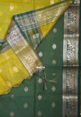 Yellowish Green - Maheswari - Lightweight Cotton Silk Saree with Leaf Border - Perfect for Small Functions