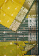 Yellowish Green - Maheswari - Lightweight Cotton Silk Saree with Leaf Border - Perfect for Small Functions