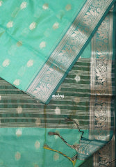 Aqua Green - Maheswari - Lightweight Cotton Silk Saree with Leaf Border - Perfect for Small Functions
