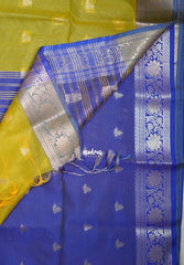 Yellowish Green - Maheswari - Lightweight Cotton Silk Saree with Flower Border - Perfect for Small Functions