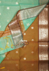 Aqua Green-D2 - Maheswari - Lightweight Cotton Silk Saree with Flower Border - Perfect for Small Functions