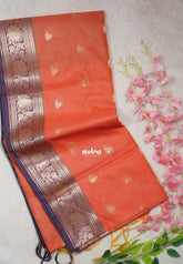 Peach Orange - Maheswari - Lightweight Cotton Silk Saree with Flower Border - Perfect for Small Functions