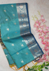 Sky Blue - Maheswari - Lightweight Cotton Silk Saree with Flower Border - Perfect for Small Functions