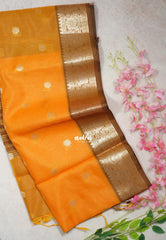 Orangish Yellow-D2 - Maheswari - Lightweight Cotton Silk Saree with Flower Border - Perfect for Small Functions