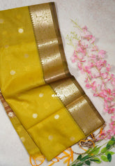 Yellowish Green-D2 - Maheswari - Lightweight Cotton Silk Saree with Flower Border - Perfect for Small Functions