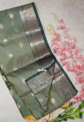Sage Green - Maheswari - Lightweight Cotton Silk Saree with Leaf Border - Perfect for Small Functions