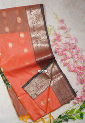 Peach Orange - Maheswari - Lightweight Cotton Silk Saree with Leaf Border - Perfect for Small Functions