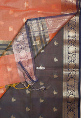 Peach Orange - Maheswari - Lightweight Cotton Silk Saree with Flower Border - Perfect for Small Functions