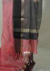 Lotus Peach - Maheswari - Lightweight Cotton Silk Saree Horizonatl Stripes with Skirt Border - Perfect for Small Functions