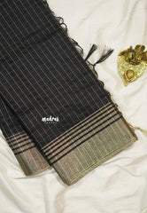 Jet Black - Maheswari - Cotton silk saree with checks body - Perfect for Office Wear