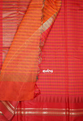 Orange & Green - Maheswari - Premium Lightweight Cotton Silk with Checks and Weaving Border - Perfect for Festive Wear