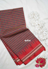 Red & Green - Maheswari - Premium Lightweight Cotton Silk with Checks and Weaving Border - Perfect for Festive Wear