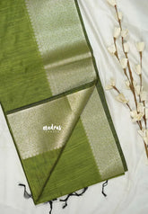 Olive Green - Maheswari - Lightweight cotton silk saree grooves with small mango getti border - Perfect for Small Functions