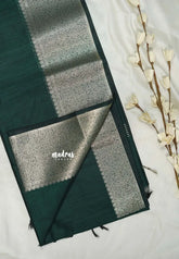 Midnight Emerald Green - Maheswari - Lightweight cotton silk saree grooves with small mango getti border - Perfect for Small Functions