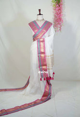Ivory White - Maheswari - Premium Lightweight Cotton Silk with Traditional Border - Perfect for Festive Wear