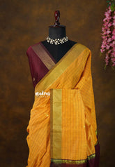Saffron Yellow - Maheswari - Premium Lightweight cotton silk with contrast pallu and blouse - Perfect for Festive Wear
