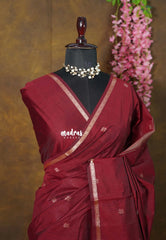 Araku Maroon - Maheswari - Premium Lightweight cotton silk with Tiny zari border with Buttas - Perfect for Festive Wear