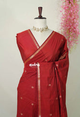 Reddish Maroon - Maheswari - Premium Lightweight cotton silk with Tiny zari border with Buttas - Perfect for Festive Wear