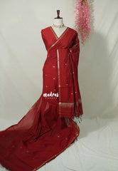 Reddish Maroon - Maheswari - Premium Lightweight cotton silk with Tiny zari border with Buttas - Perfect for Festive Wear