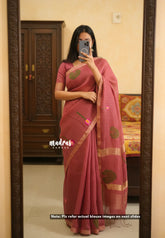 Rosewood Pink - Handloom Tissue Silk Linen Jamdani Saree - With Handloom Mark