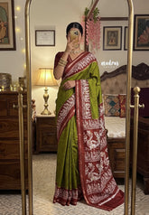 Olive Green with Peacock Border - Uniform sarees Malgudi Printed Silk with Peacock Border - Perfect for Office Wear | Casual Wear