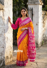Bright Orange with Peacock Border - Uniform sarees Malgudi Printed Silk with Peacock Border - Perfect for Office Wear | Casual Wear